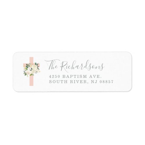 Blush Pink Cross and White Flowers  Baptism Label