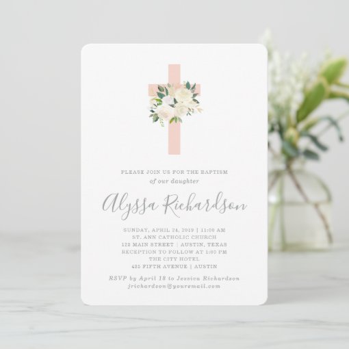 Blush Pink Cross and White Flowers | Girl Baptism Invitation | Zazzle