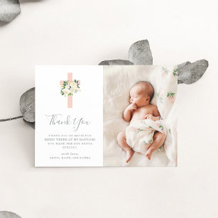 Blush Pink Cross and White Flowers   Photo Baptism Thank You Card