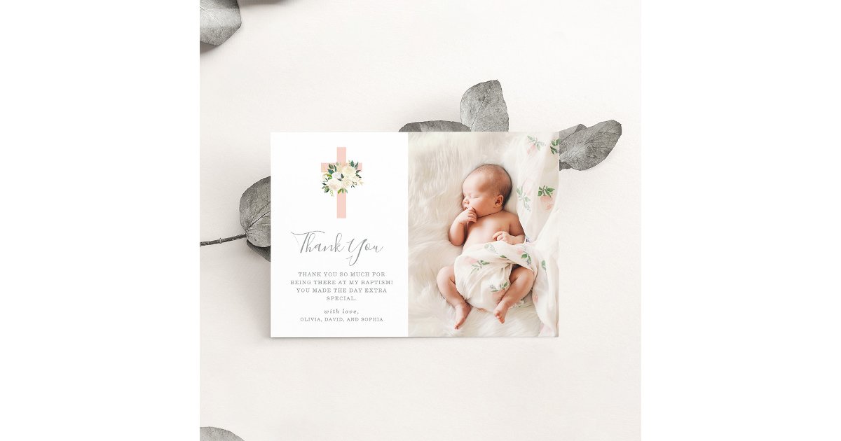 Blush Pink Cross and White Flowers | Photo Baptism Thank You Card | Zazzle