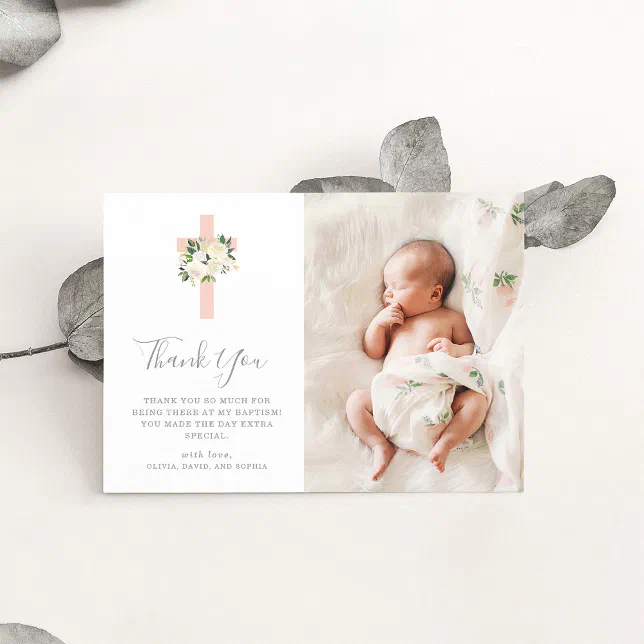 Blush Pink Cross and White Flowers | Photo Baptism Thank You Card | Zazzle