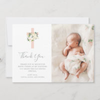 Blush Pink Cross and White Flowers | Photo Baptism Thank You Card