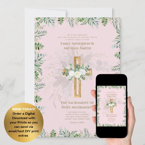 Blush Pink Cross Catholic Nuptial Mass Wedding Invitation