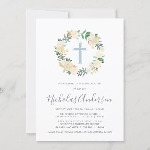 Blush Pink Cross with Cream Florals, Boy Baptism Invitation | Zazzle