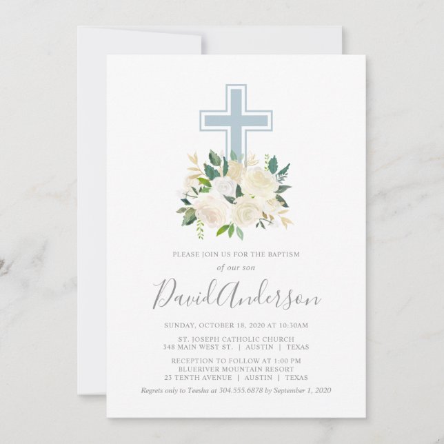 Blush Pink Cross with Cream Florals, Boy Baptism Invitation (Front)
