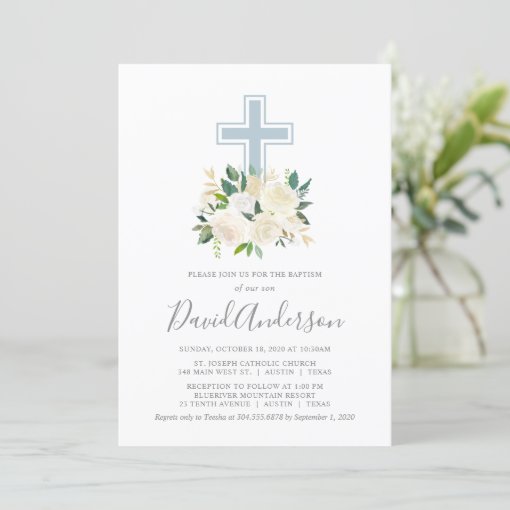 Blush Pink Cross with Cream Florals, Boy Baptism Invitation | Zazzle