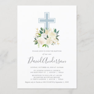 Blush Pink Cross with Cream Florals, Boy Baptism Invitation