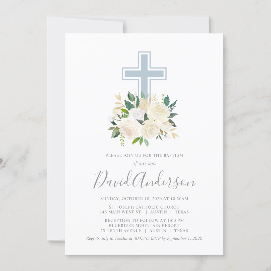 Blush Pink Cross with Cream Florals, Boy Baptism Invitation | Zazzle