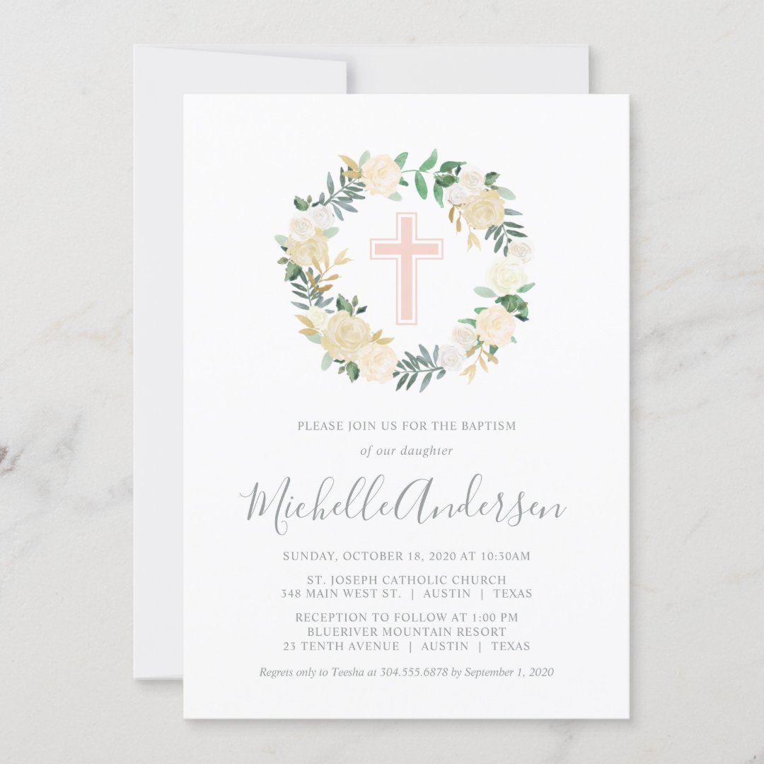 Blush Pink Cross with Cream Florals, Girl Baptism Invitation | Zazzle