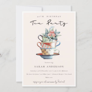 Blush Pink Cups Any Age Birthday Tea Party Invite