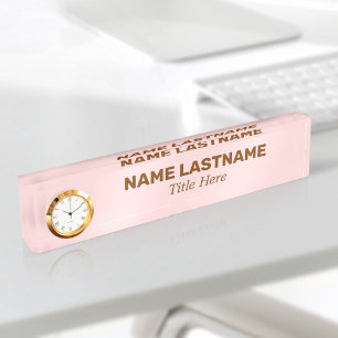 Blush Pink Custom Bold Minimalist Modern Clock Desk Name Plate