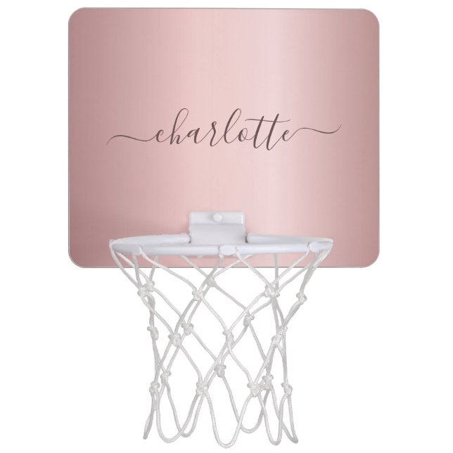 Blush pink custom monogram name metal  script mini basketball hoop (Front)