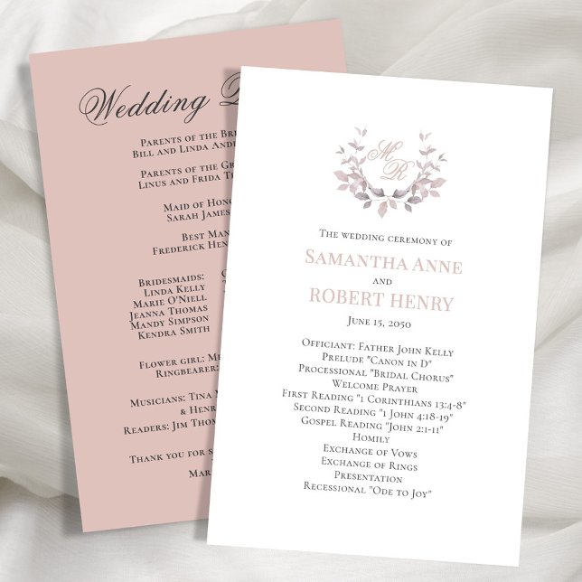 Blush Pink Custom Monogram Wedding Program  (Blush pink wedding ceremony program.)