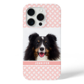 Blush Pink Custom Pet Photo With White Paws &amp; Name iPhone 15 Pro Case
