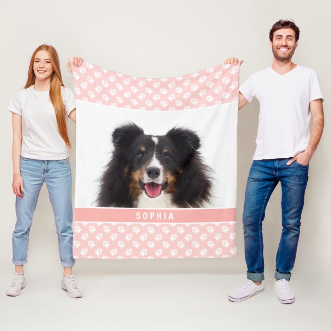 Blush Pink Custom Pet Photo With White Paws & Name Fleece Blanket (In Situ)