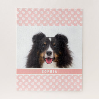Blush Pink Custom Pet Photo With White Paws &amp; Name Jigsaw Puzzle