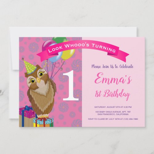 Blush Pink Cute Baby Owls 1st Birthday Party Photo Invitation