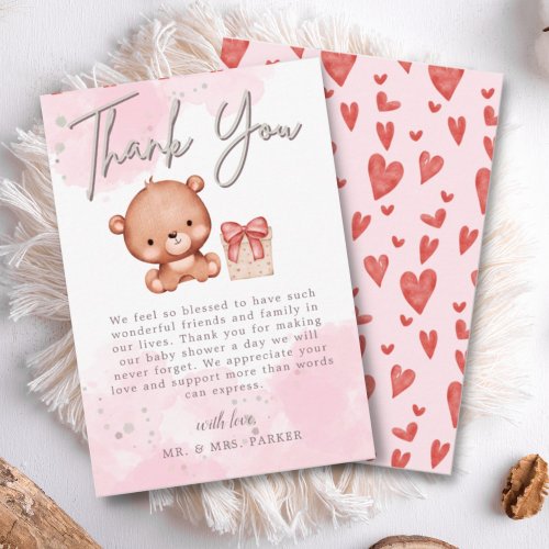 Blush Pink Cute Bear Watercolor Heart Baby Shower  Thank You Card