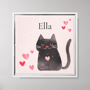 Blush Pink Cute Black Cat Hearts Canvas Print