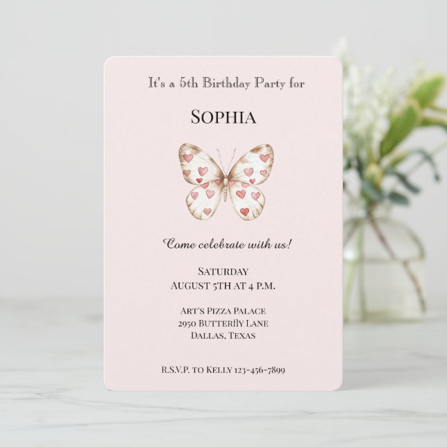 Blush Pink Cute Butterfly Red Hearts Birthday Invitation (Standing Front)