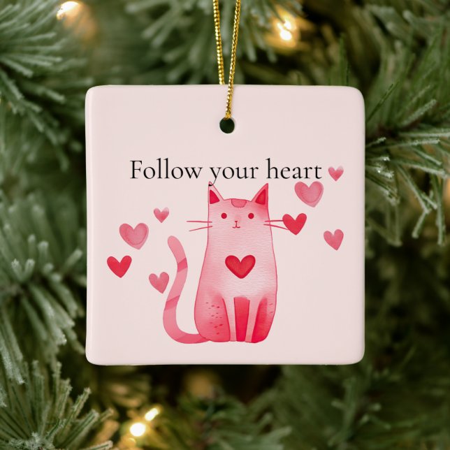 Blush Pink Cute Cat Hearts  Ceramic Ornament (Tree)