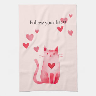 Blush Pink Cute Cat Hearts  Kitchen Towel