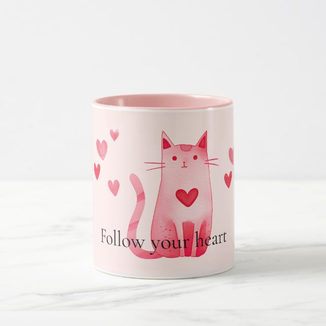 Blush Pink Cute Cat Hearts  Mug (Center)