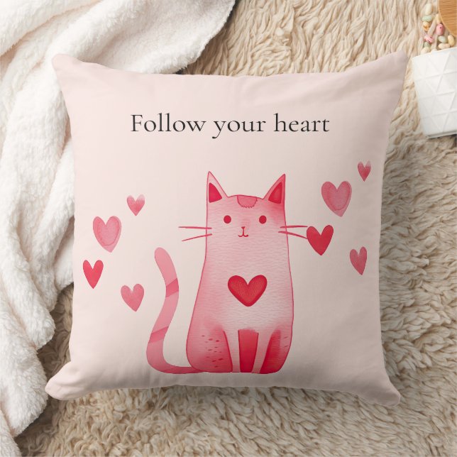 Blush Pink Cute Cat Hearts  Throw Pillow (Blanket)