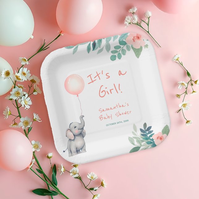 Blush Pink  Cute Elephant  Balloon Baby Shower Paper Plates (Creator Uploaded)