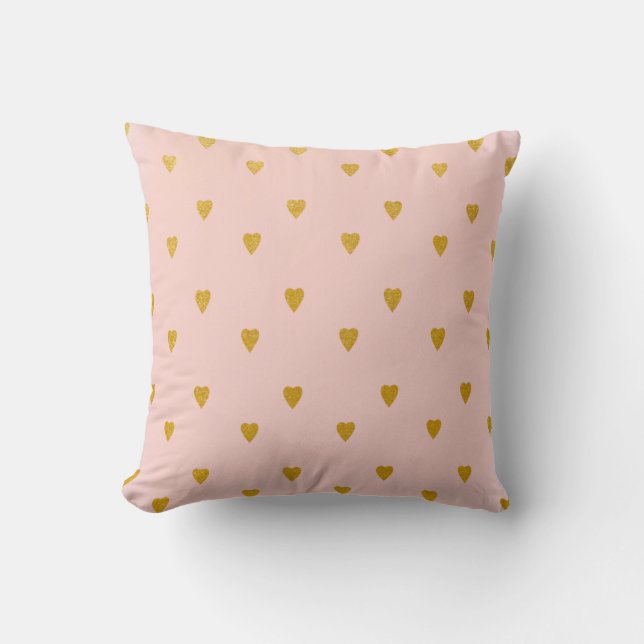 Blush Pink & Cute Gold Hearts Throw Pillow (Front)