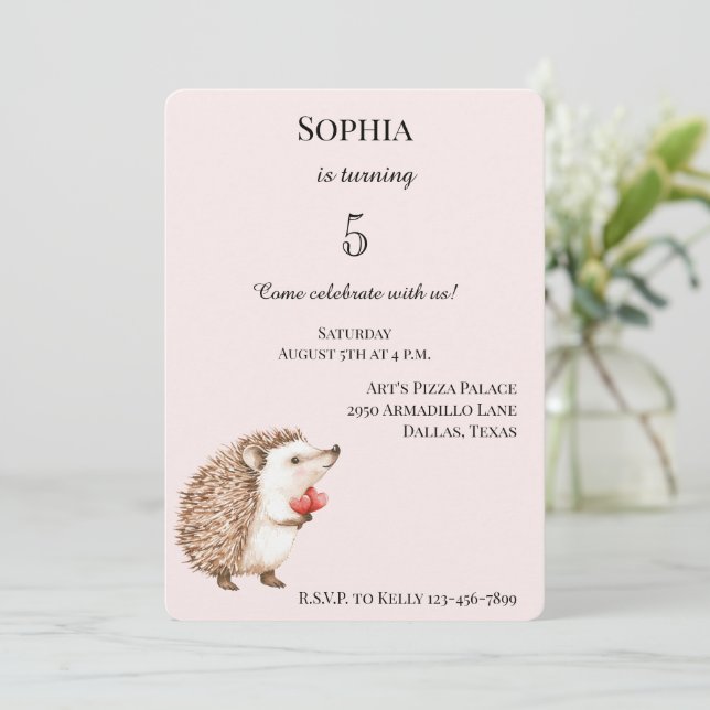 Blush Pink Cute Hedgehog Red Hearts Birthday Invitation (Standing Front)