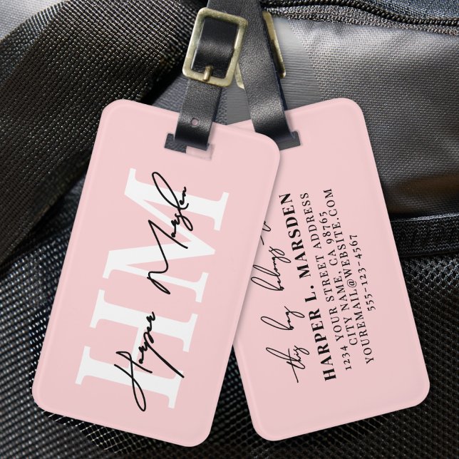 Blush Pink Cute Monogram Luggage Tag (Blush Pink Elegant Girly Monogram Name Luggage Tag)