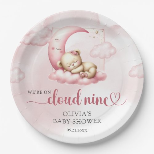Blush pink cute teddy bear cloud nine girl  paper plates