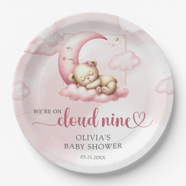 Blush pink cute teddy bear cloud nine girl  paper plates (Front)