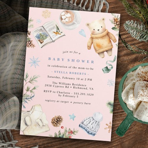 Blush Pink Cute Watercolor Winter Girl Baby Shower Invitation