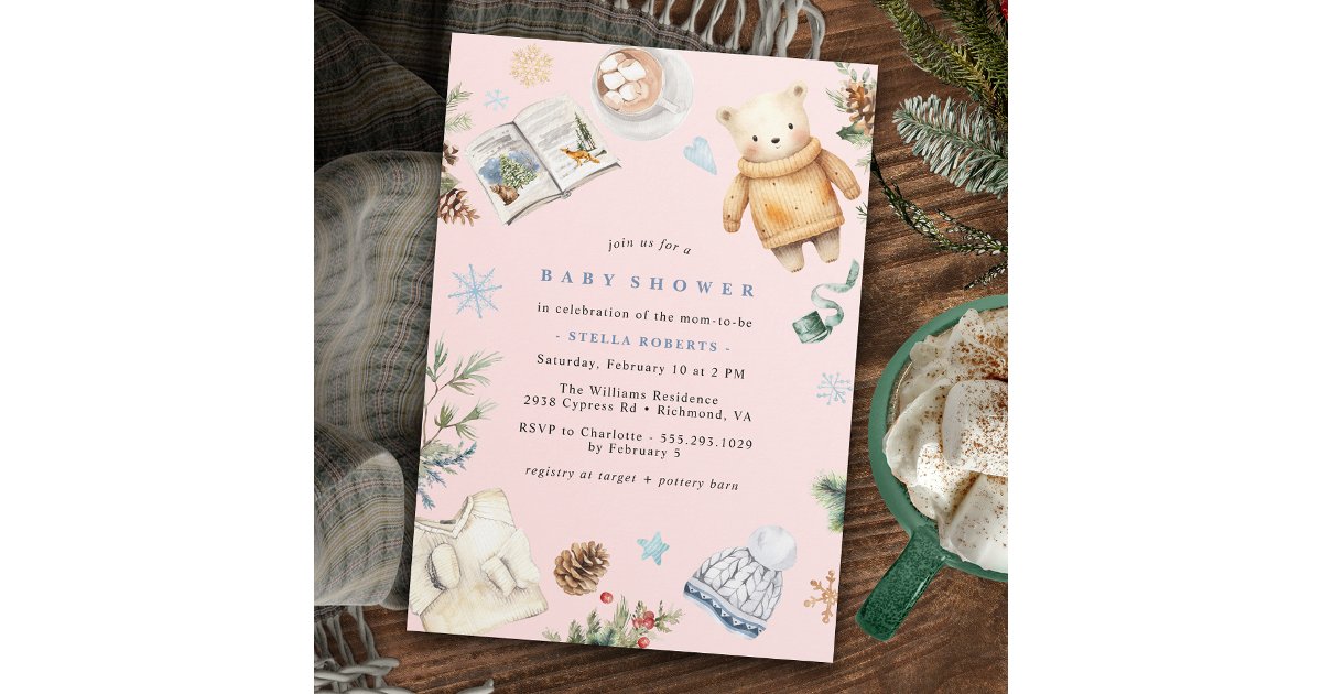 Blush Pink Cute Watercolor Winter Girl Baby Shower Invitation | Zazzle