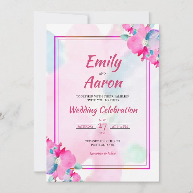 Blush Pink Cyan Modern Floral Watercolor Wedding Invitation (Front)