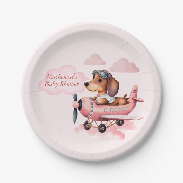 Blush Pink Dachshund Plane Baby Shower  Paper Plates (Front)