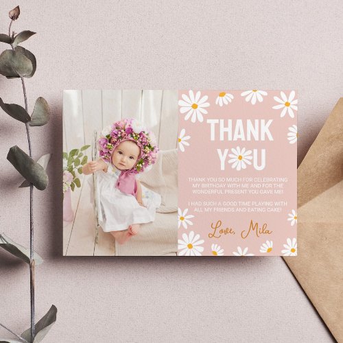 Blush Pink Daisy Birthday Party Thank You Card