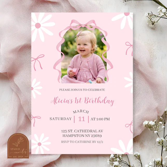 Blush Pink Daisy Bow Girl 1st Birthday with photo Invitation | Zazzle