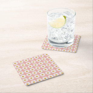 Blush Pink Daisy Floral Pattern Baby Shower Square Paper Coaster