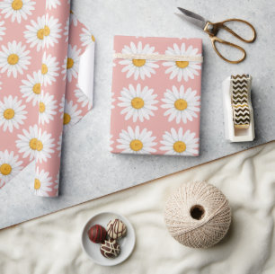 Blush Pink Daisy Floral Pattern Baby Shower Wrapping Paper