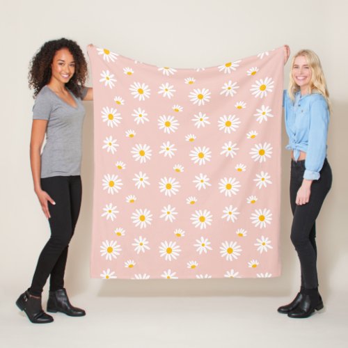 Blush Pink Daisy Flowers Groovy Boho Pattern Fleece Blanket