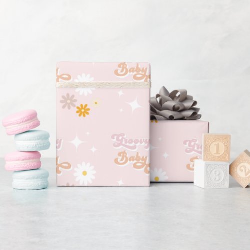 Blush Pink Daisy Groovy Baby Wrapping Paper