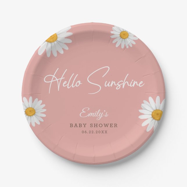 Blush Pink Daisy Hello Sunshine Baby Shower Paper Plates (Front)