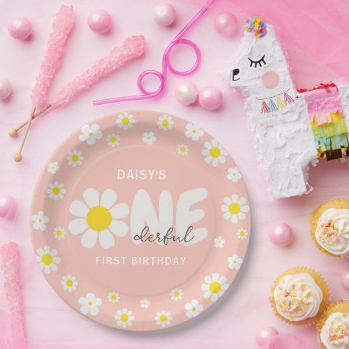 Blush Pink Daisy OneDerful 1st Birthday Party Paper Plates