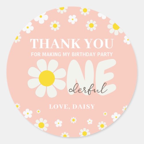 Blush Pink Daisy OneDerful Thank you Birthday Classic Round Sticker
