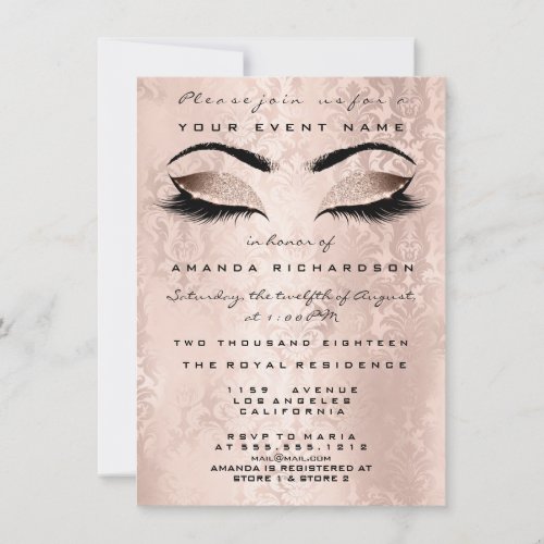 Blush Pink Damask Makeup Glitter Bridal 16th Eyes Invitation