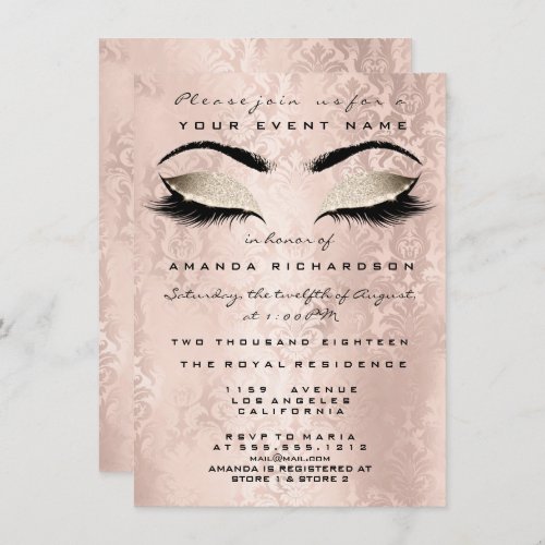 Blush Pink Damask Makeup Glitter Ivory 16th Bride Invitation
