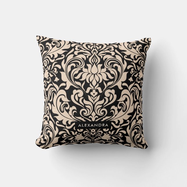 Blush Pink Damask on Black Throw Pillow (Front)